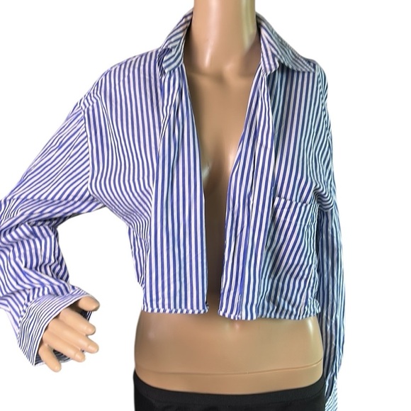 Zara striped,long sleeve cropped cotton top,blouse,shirt,three button closure EC - Picture 3 of 12